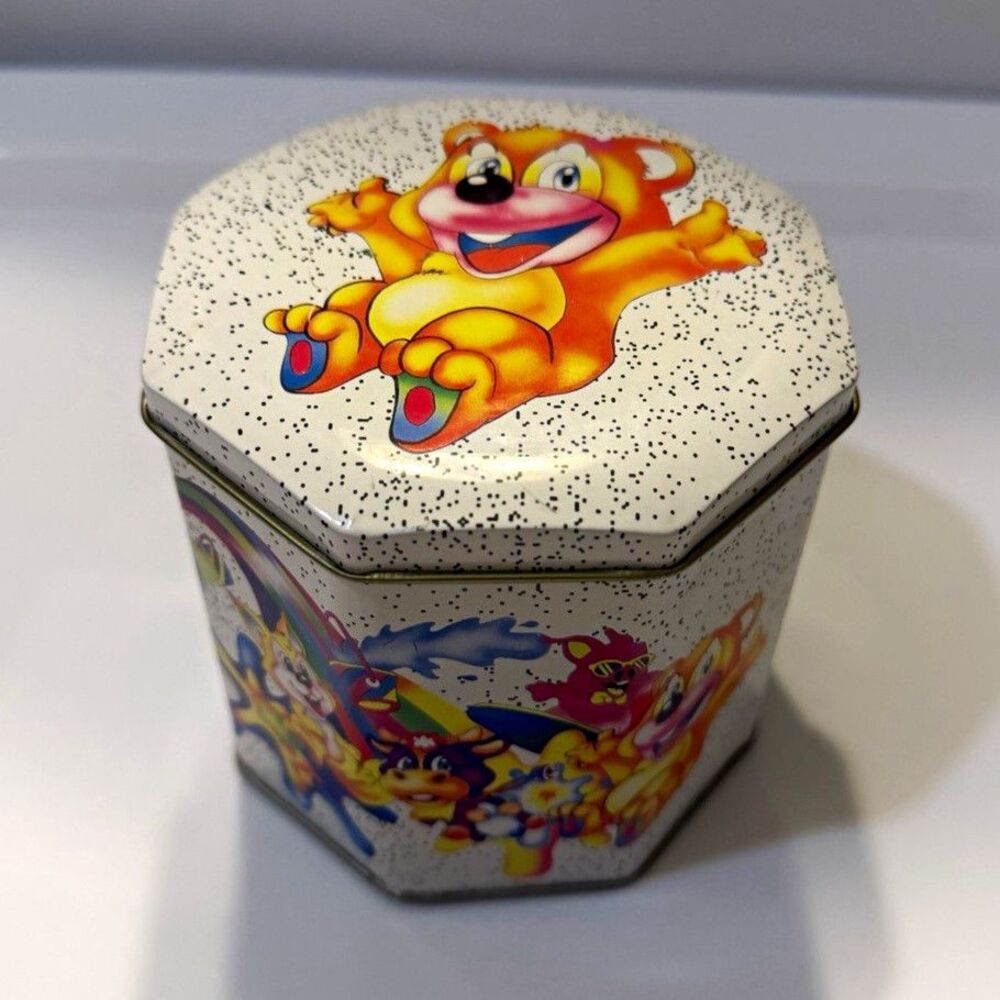 Vintage OTC Cartoon Bear Octagonal Metal Tin Rainbow Unicorn Pig Colorful 90s